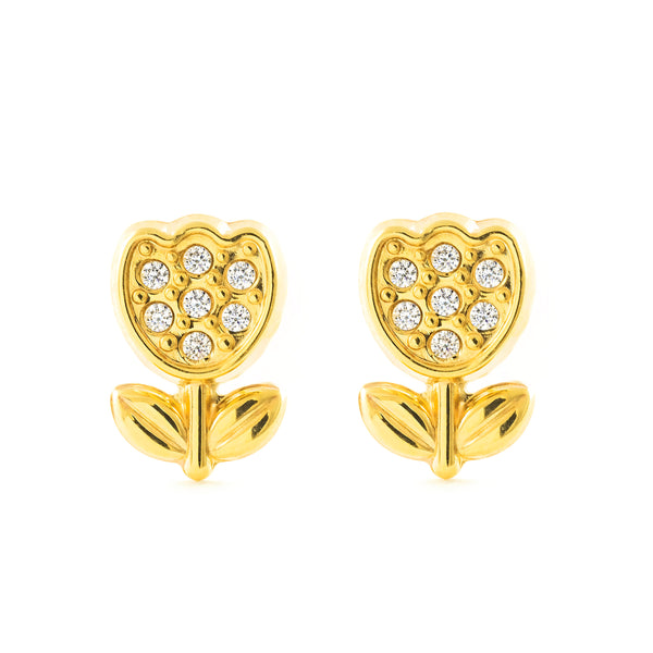 9ct Yellow Gold Tulip Cubic Zirconias Children's Girls Earrings shine