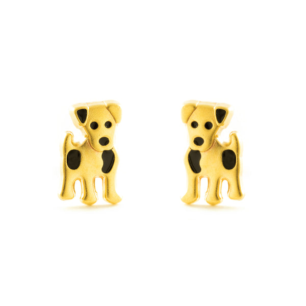 9ct Yellow Gold Black Enamel Dog Children's Girls Earrings