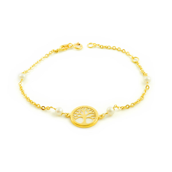 Pulsera Niña Oro Amarillo 18K Perla Redonda 3,5 mm Arbol de la vida Nacar Brillo 18 cm