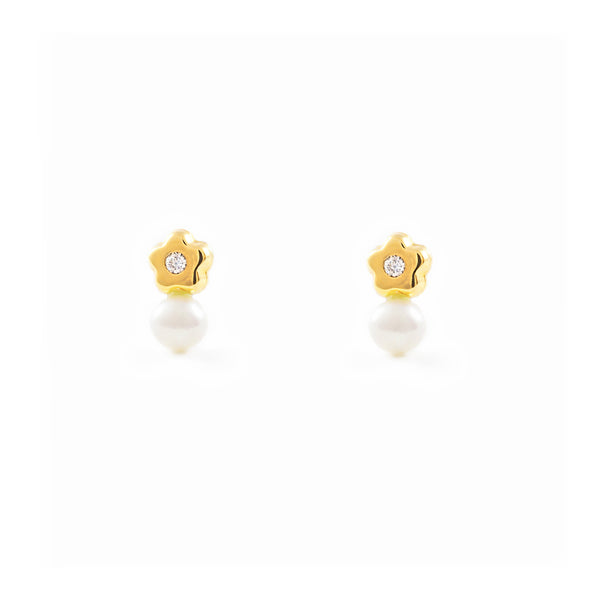 9ct Yellow Gold Daisy Flower Cubic Zirconia Pearl 3 mm Children's Baby Girls Earrings shine