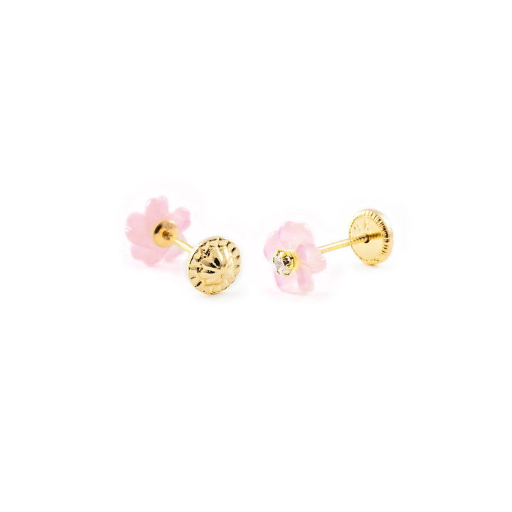 Pendientes Niña Oro 18k Nacar Flor Circonita 2 mm