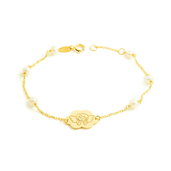 Pulsera Mujer-Niña Oro Amarillo 18K Perla Redonda 4 mm Angel Brillo 17 cm