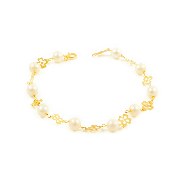 18ct Yellow Gold Round Pearl 5.5mm Trefoil Girls Bracelet 18cm Shine