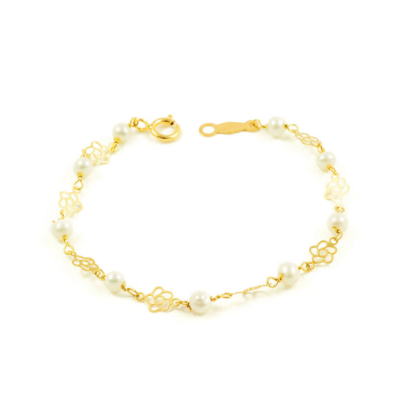 18ct Yellow Gold Round Pearl 3.5mm Flower Shine Girls Bracelet 13cm