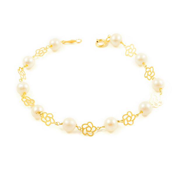 18ct Yellow Gold Round Pearl 5.5mm Flower Shine Girls Bracelet 18cm