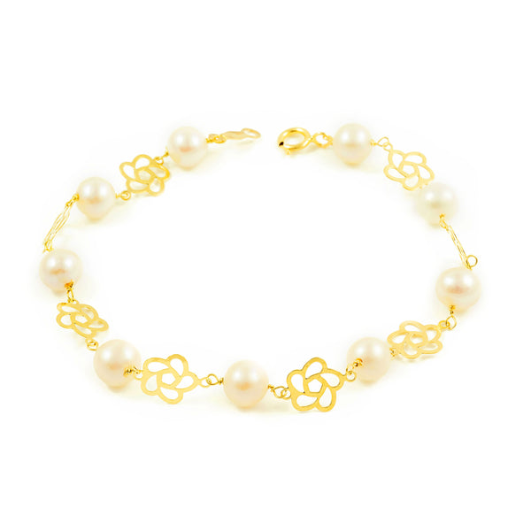 18ct Yellow Gold 6mm Round Pearl Flower Shine Girls Bracelet 18cm