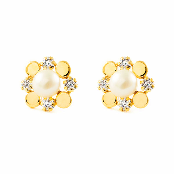 Pendientes Niña Oro Amarillo 9K Perla Botón 5,5 mm Circonitas Brillo