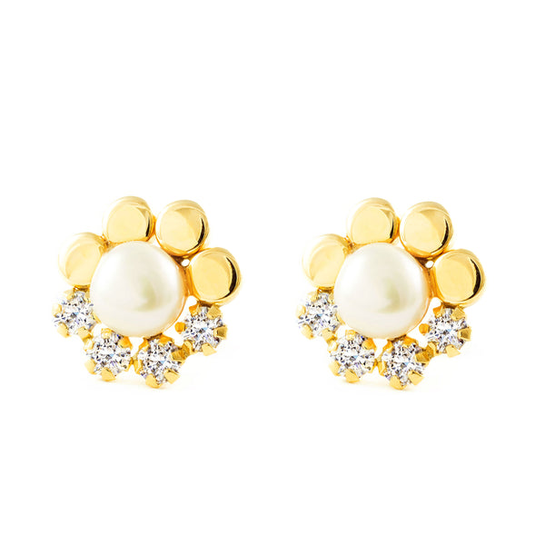 Pendientes Niña Oro Amarillo 9K Perla Botón 5,5 mm Circonitas Brillo