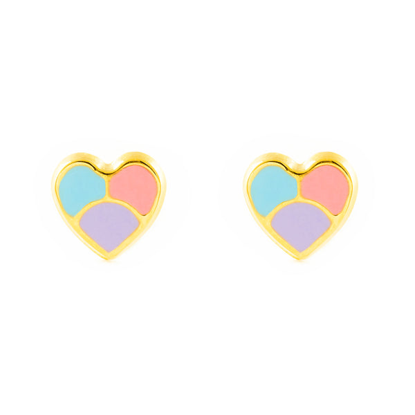 18ct Yellow Gold Multicolored enamel Heart Children's Girls Earrings shine