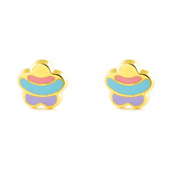 18ct Yellow Gold Multicolored enamel Flower Children's Girls Earrings shine