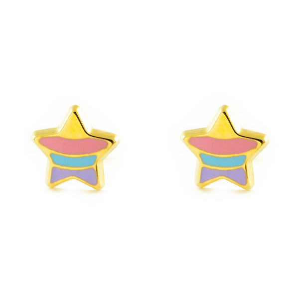 Pendientes Niña Oro Amarillo 18K Estrella Esmalte Multicolor Brillo