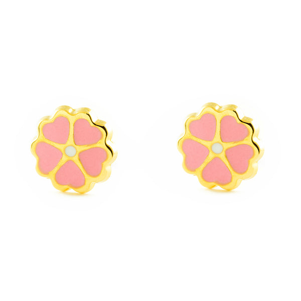 18ct Yellow Gold Purple Enamel Flower Children's Girls Earrings shine