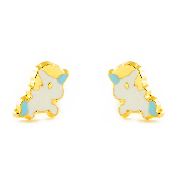 18ct Yellow Gold Multicolored enamel Unicorn Children's Girls Earrings shine