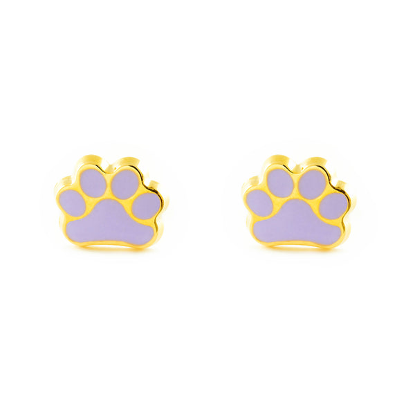 9ct Yellow Gold Purple Enamel Paw Children's Girls Earrings shine