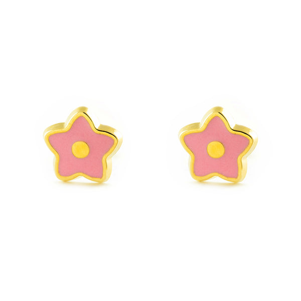 9ct Yellow Gold Purple Enamel Star Children's Girls Earrings shine