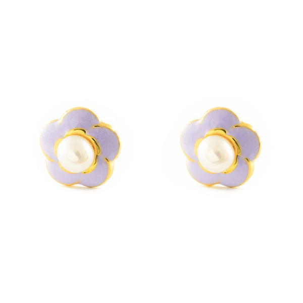 9ct Yellow Gold Purple Enamel Flower Pearl 3 mm Children's Girls Earrings shine