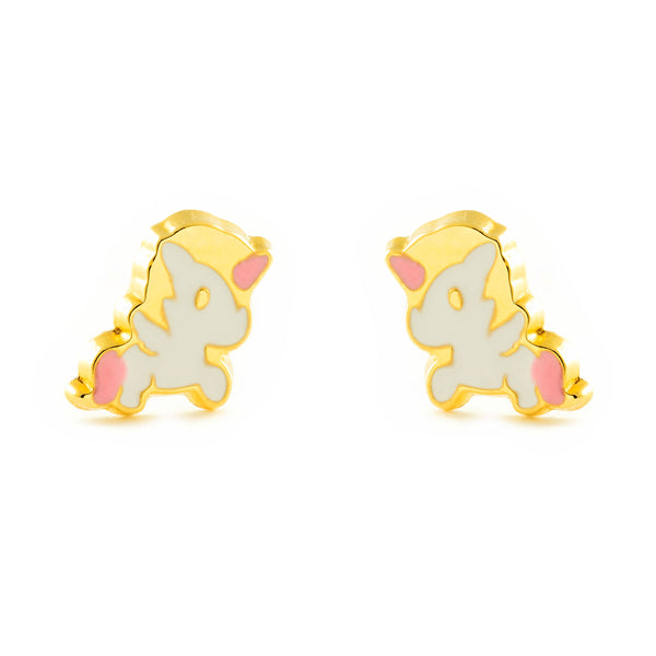 9ct Yellow Gold Multicolored enamel Unicorn Children's Girls Earrings shine