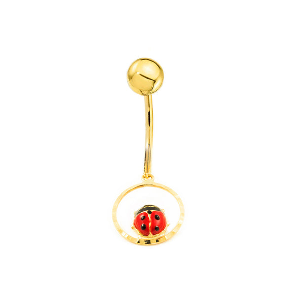 Yellow Gold 9K Navel Piercing with Red-Black Ladybug Enamel Shine