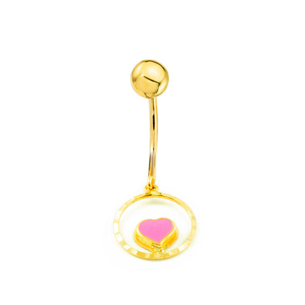 Yellow Gold 9K Belly Button Piercing with Pink Heart Enamel Shine