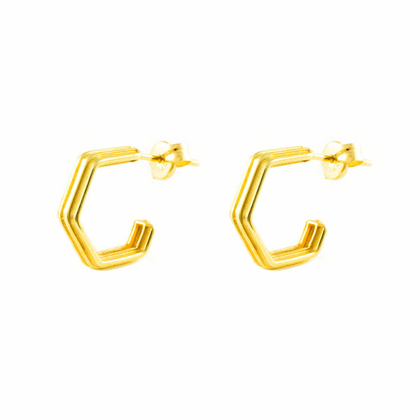 9ct Yellow Gold Hexagone Hoops Earrings Matte Shine 11.5x3 mm