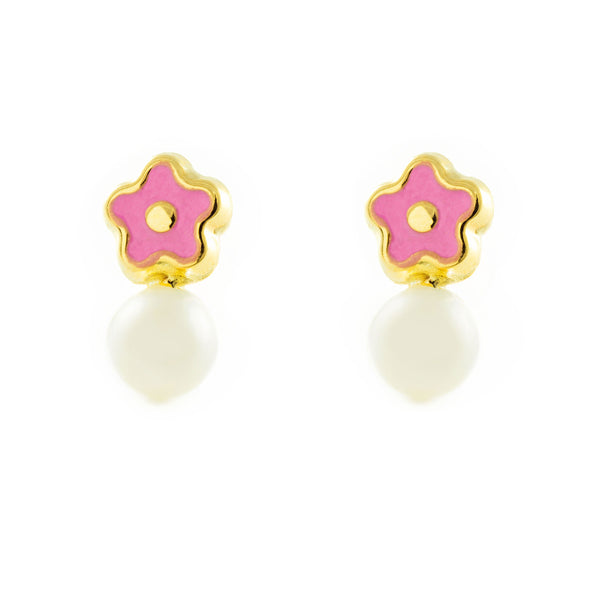 Pendientes Niña Oro Amarillo 9K Tu y Yo Perla Redonda 4 mm Flor Rosa Brillo