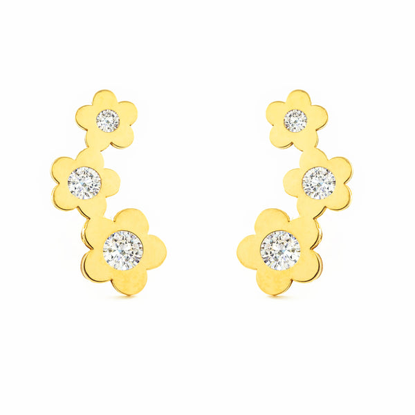 Pendientes Mujer-Niña Oro Amarillo 9K Trepador Flores Circonitas Brillo