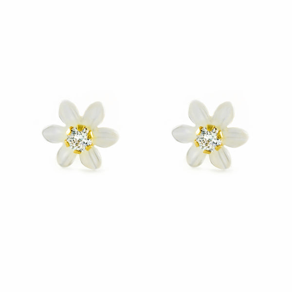 18ct Yellow Gold Nacre Flower Children's Girls Earrings shine