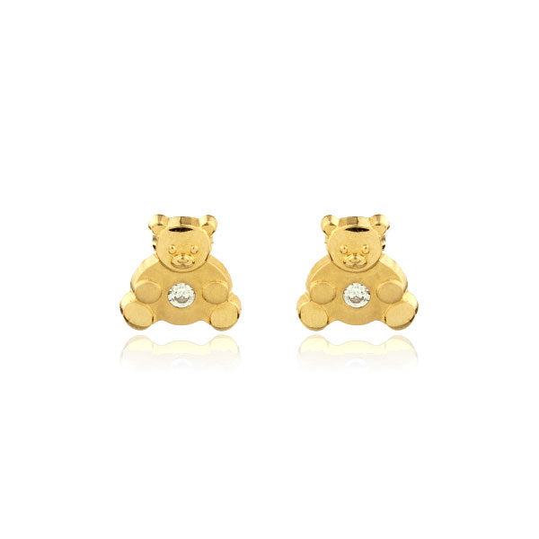 18ct Yellow Gold Bear Cubic Zirconia Children's Girls Earrings Matte Shine