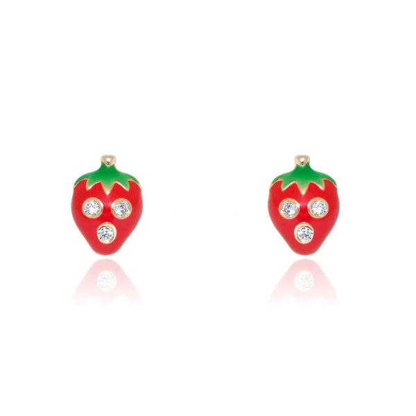 18ct Yellow Gold Red-Green Enamel Strawberries Cubic Zirconia Children's Girls Earrings shine