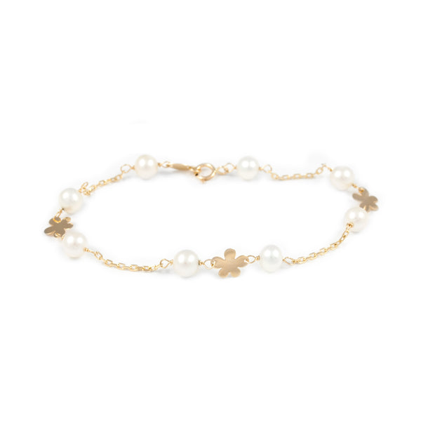 18ct Yellow Gold Round Pearl 5.5mm Flower Shine Girls Bracelet 17cm