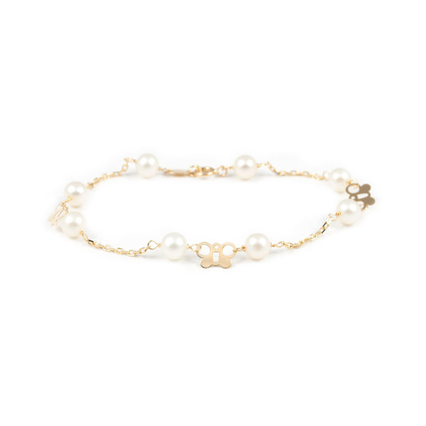 18ct Yellow Gold Round Pearl 5.5mm Butterfly Shine Girls Bracelet 18cm