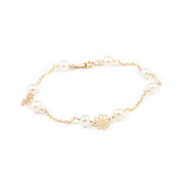 18ct Yellow Gold Round Pearl 5.5mm Flower Shine Girls Bracelet 18cm