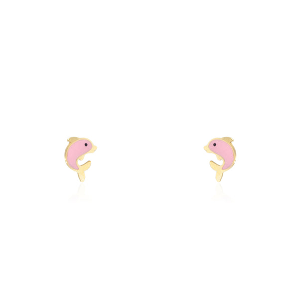 18ct Yellow Gold Pink Enamel Dolphin Children's Girls Earrings shine