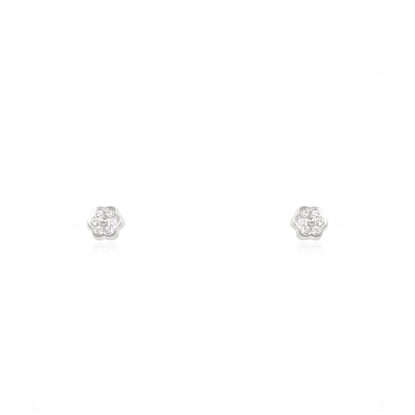 Pendientes Bebe Oro Blanco 18K Flor Margarita Circonita Brillo