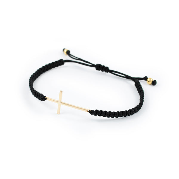 Pulsera macrame negro con cruz en plata dorada