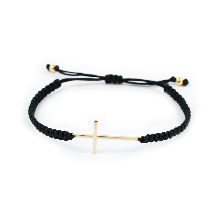 Pulsera macrame negro con cruz en plata dorada