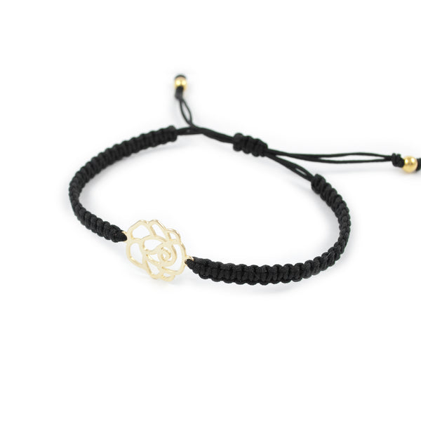 Pulsera macrame negro con Flor en plata dorada