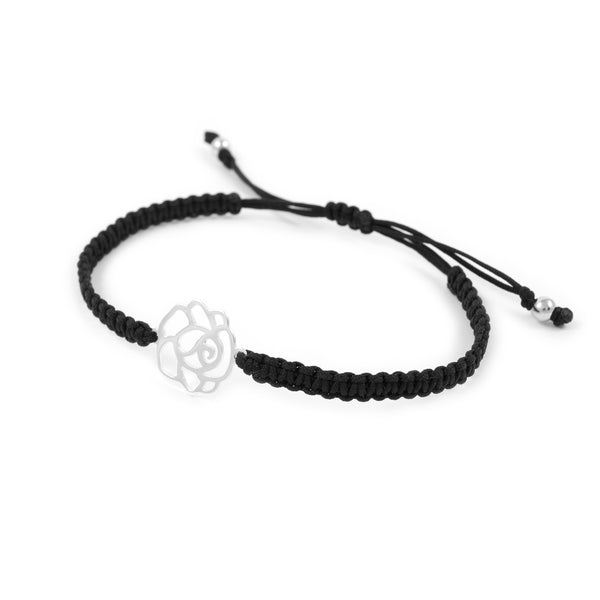 Pulsera macrame negro con Flor en plata