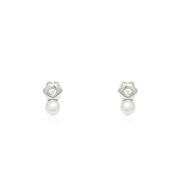 Pendientes Plata de Ley Perla Botón 3 mm Flor Circonita Brillo