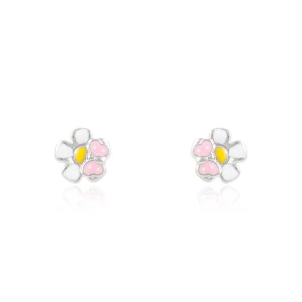 Pendientes Plata de Ley Flor Esmalte Rosa Claro Brillo