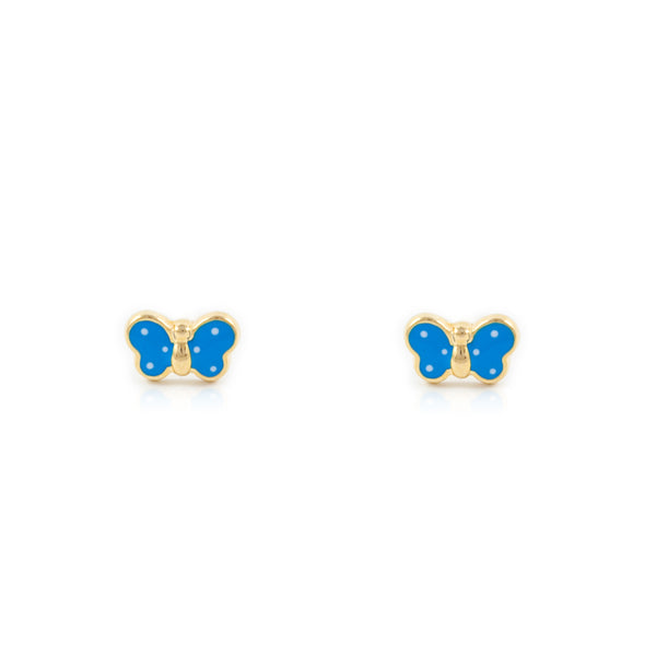 Pendientes Bebe-Niña Oro Amarillo 9K Mariposa Esmalte Azul Intenso Brillo