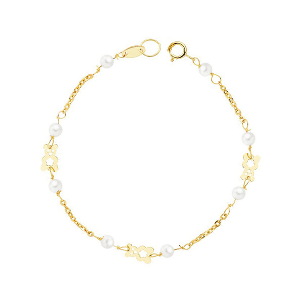 18ct Yellow Gold Round Pearl 3mm Bear Charm Girls Bracelet 13cm