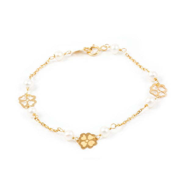18ct Yellow Gold Round Pearl 3.5mm Matte and Shine Flower Girls Bracelet 14cm