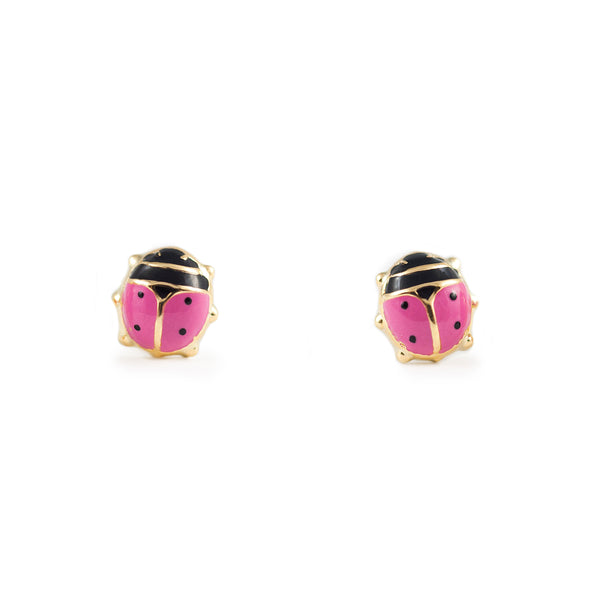 9ct Yellow Gold Pink-Black Enamel Ladybird Children's Girls Earrings shine