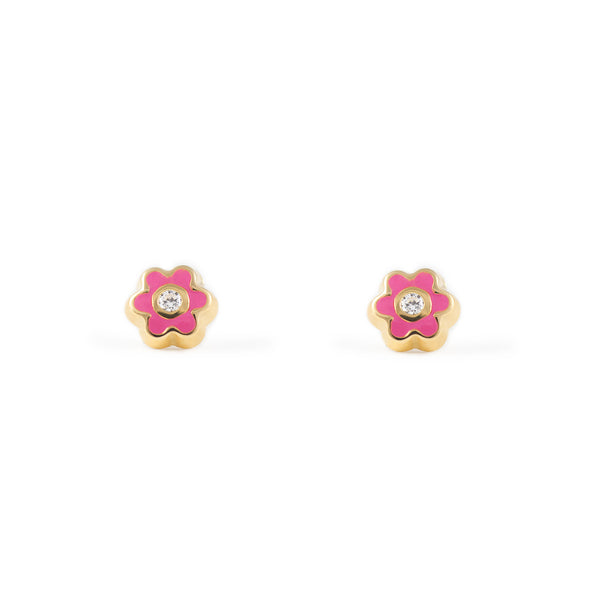 Pendientes Bebe-Niña Oro Amarillo 18K Flor Margarita Esmalte Rosa Intenso Circonita Brillo