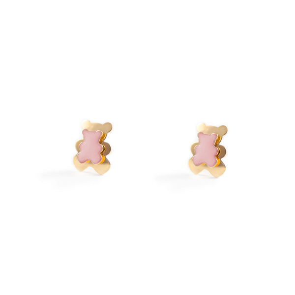 9ct Yellow Gold Light Pink Enamel Bear Children's Girls Earrings shine