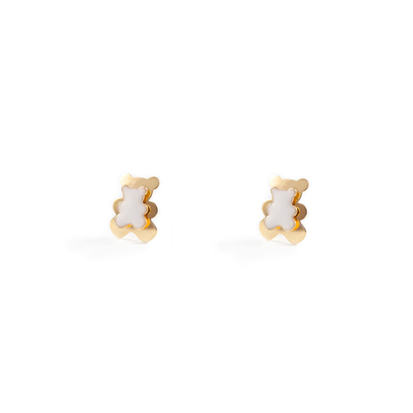 Pendientes Niña Oro Amarillo 9K Oso Esmalte Blanco Brillo