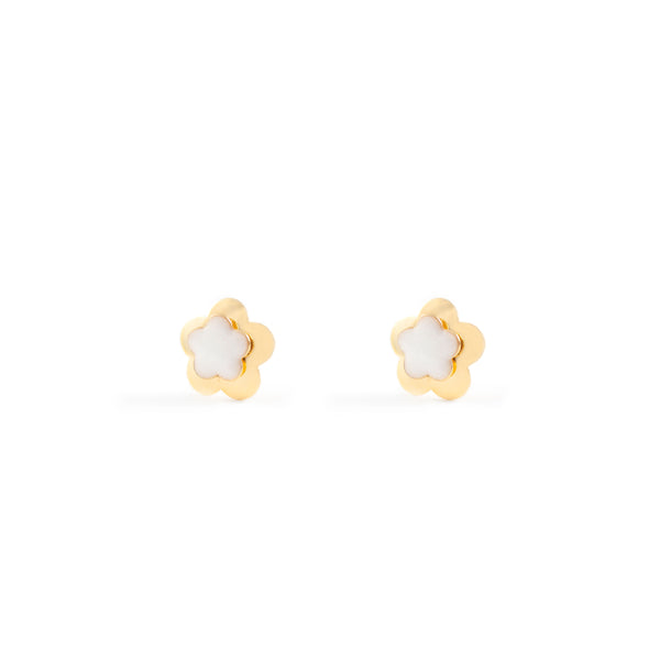 Pendientes Niña Oro Amarillo 9K Flor Esmalte Blanco Brillo