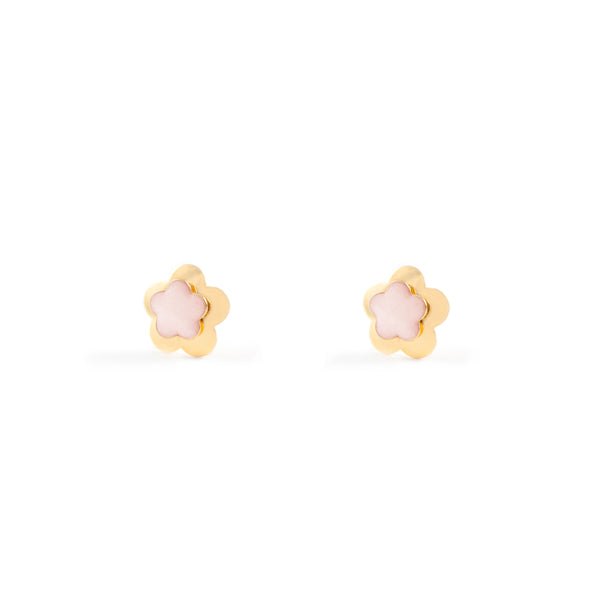 Pendientes Niña Oro Amarillo 9K Flor Esmalte Rosa Claro Brillo