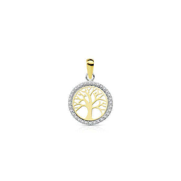 18ct two color gold Tree of Life Cubic Zirconia pendant shine